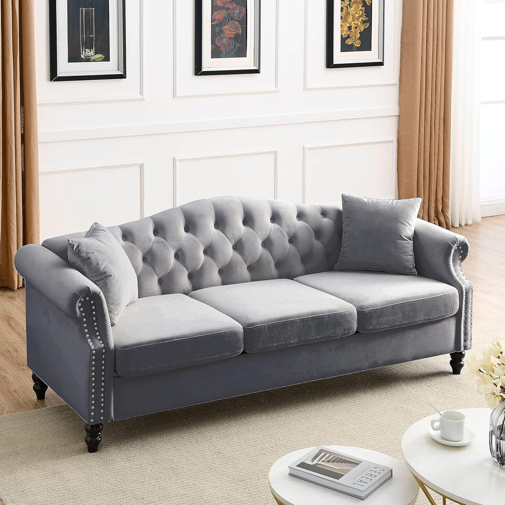 Grey Velvet 3 Seater Chesterfield Sofa N24926