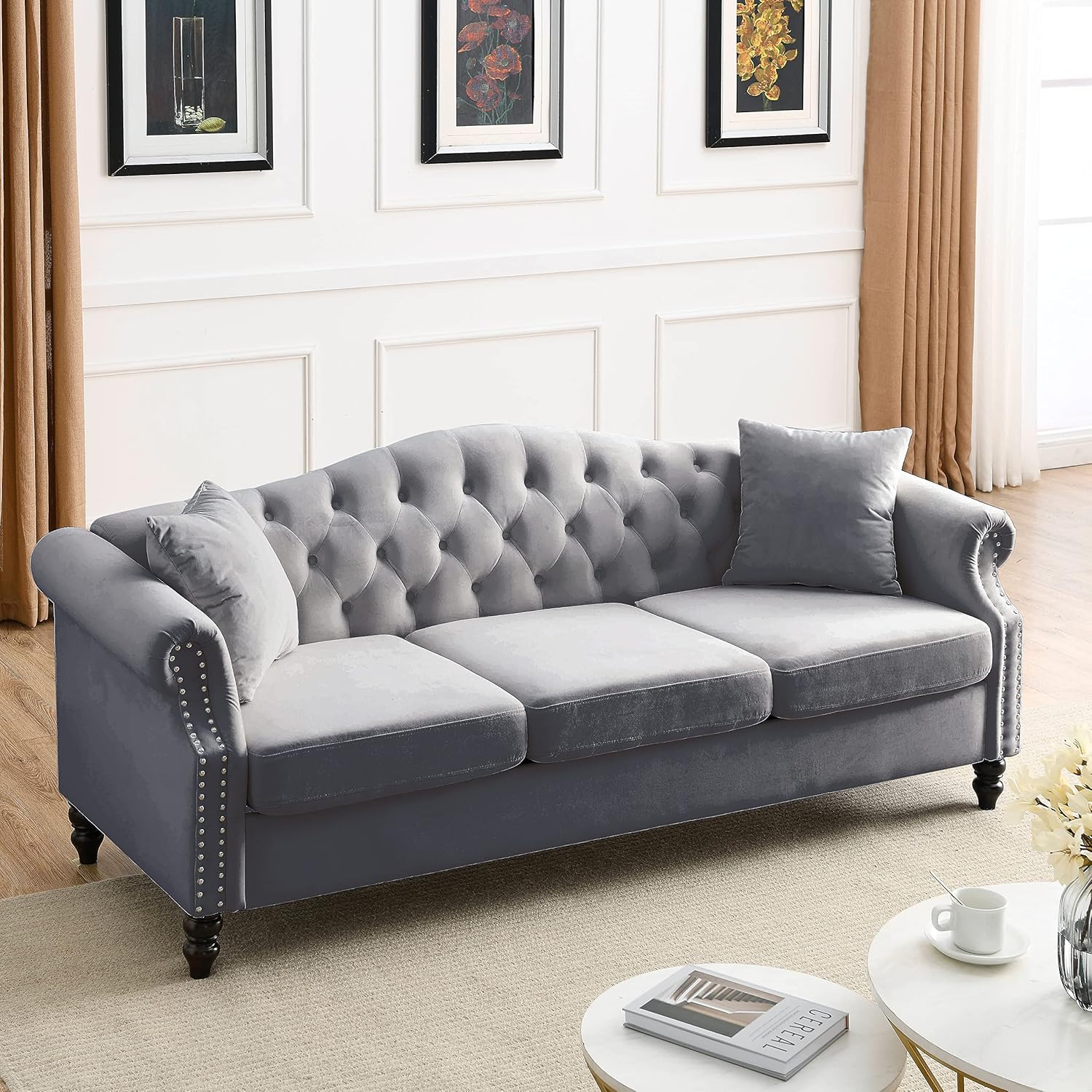 Grey Velvet 3 Seater Chesterfield Sofa N24926