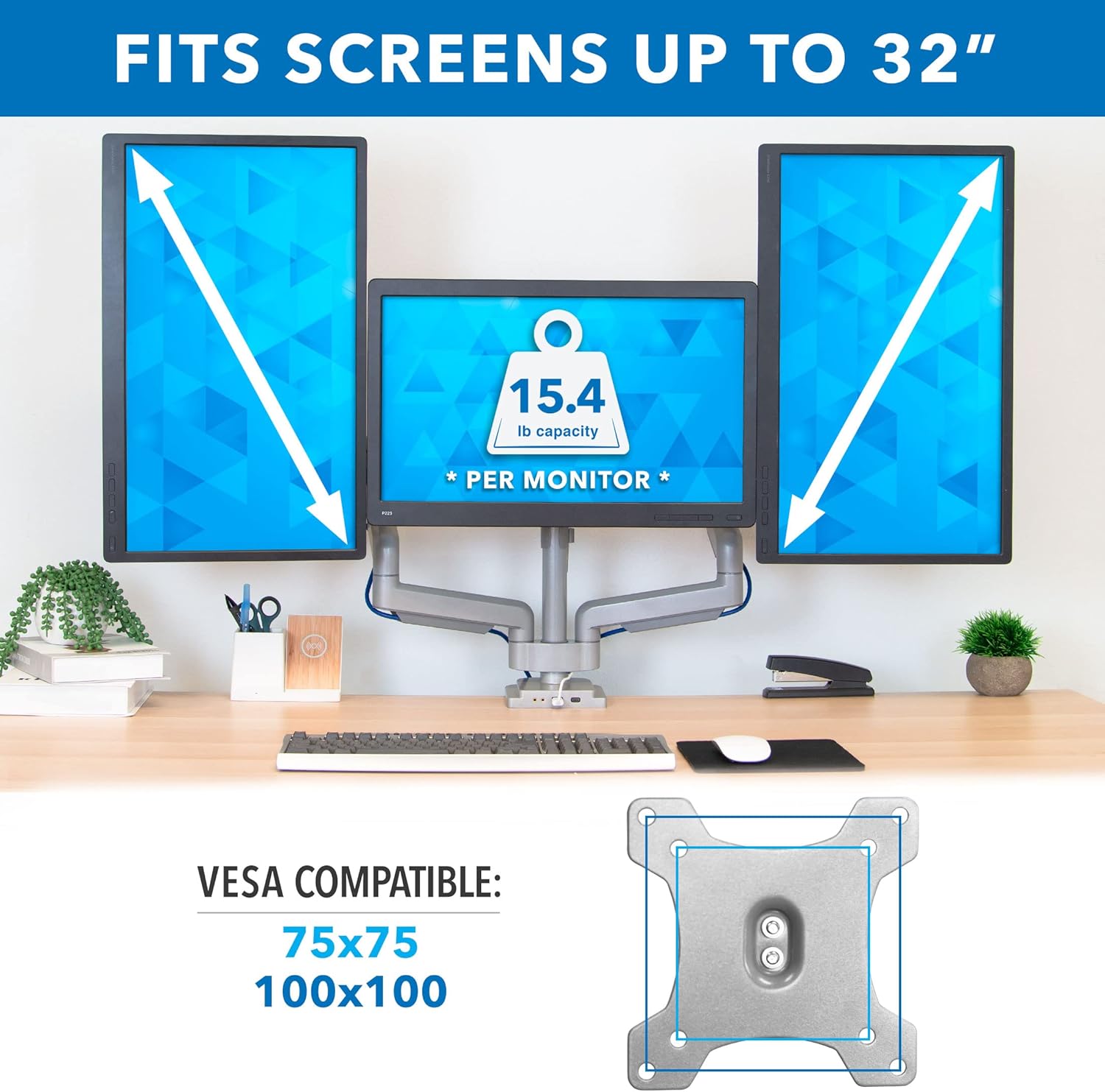 Triple Monitor Desk Mount with USB and Audio Ports, Height Adjustable for 24 27 30 32 Inch VESA Screens K9755