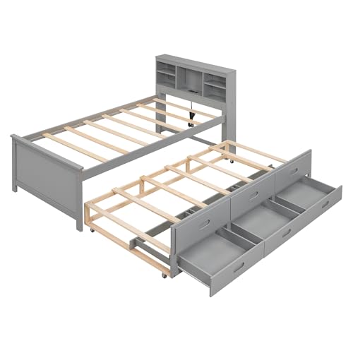 Gray Full Size Bookcase Bed with Trundle and Storage Drawers L29631