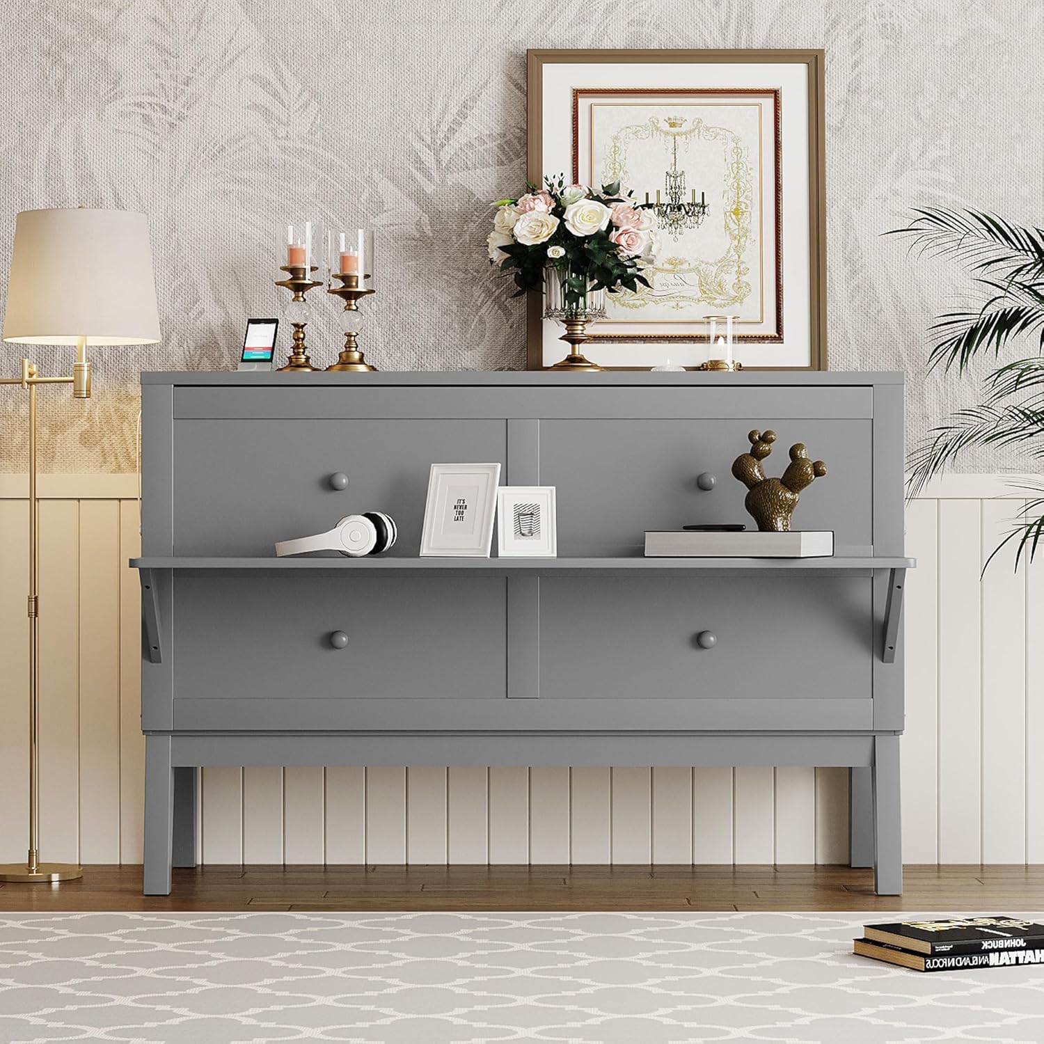 Grey Queen Murphy Bed with Desk Board and Removable Shelves E7492