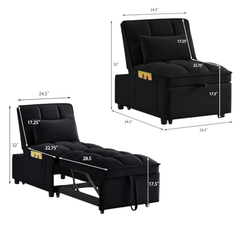 Navy Velvet Convertible Sleeper Sofa Chair with Storage Pockets W99931