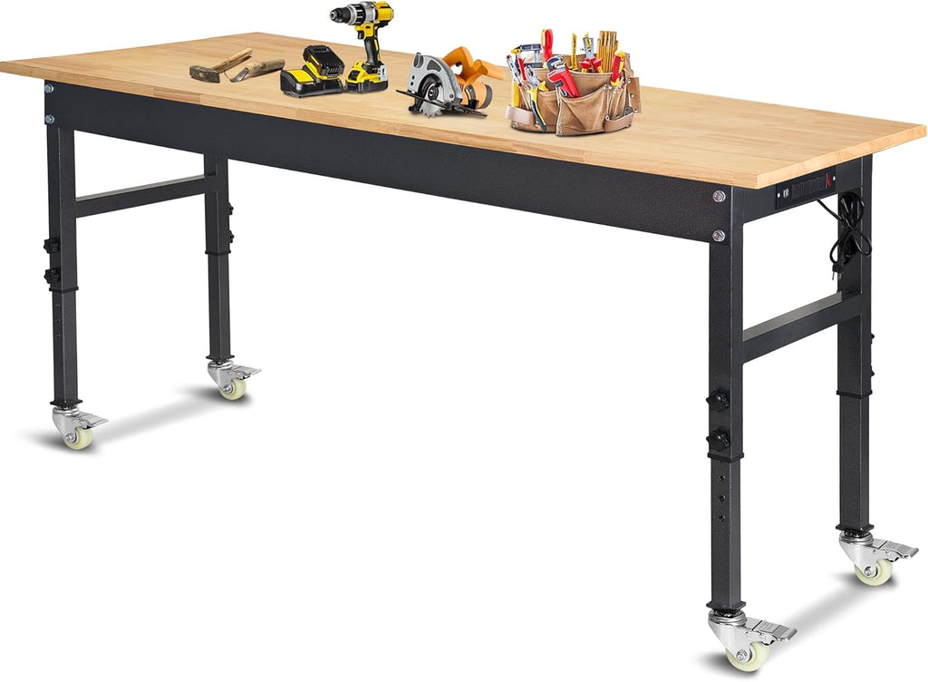 60" Adjustable Work Bench with Rubber Wood Top and Power Outlet K4322