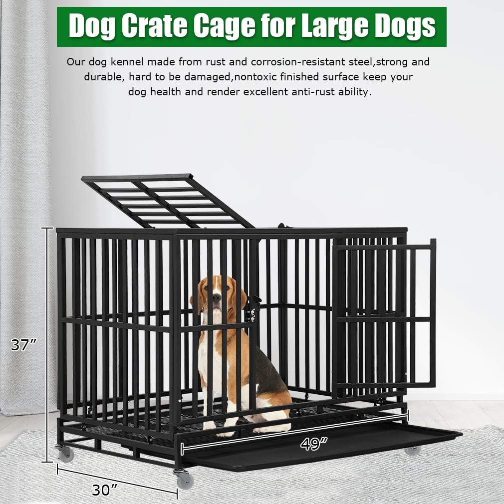 Black 48 Inches Dog Crate with Plastic Tray Double Doors K631092