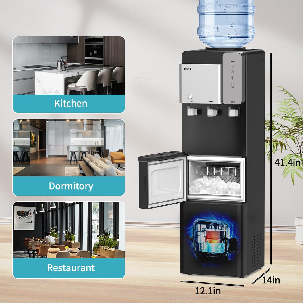 Water Dispenser Cooler with Ice Maker, 27LBS Daily Ice Making, Hot Cold Water, Child Safety Lock, Compatible with 3 or 5 Gallon Bottles I501546