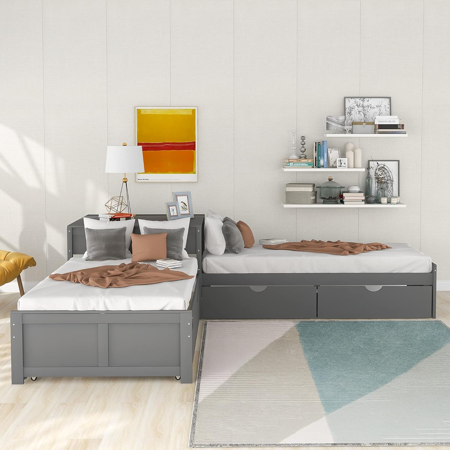 Twin L-Shaped Platform Bed with Trundle, 2 Storage Drawers, and Built-in Square Desk E7547