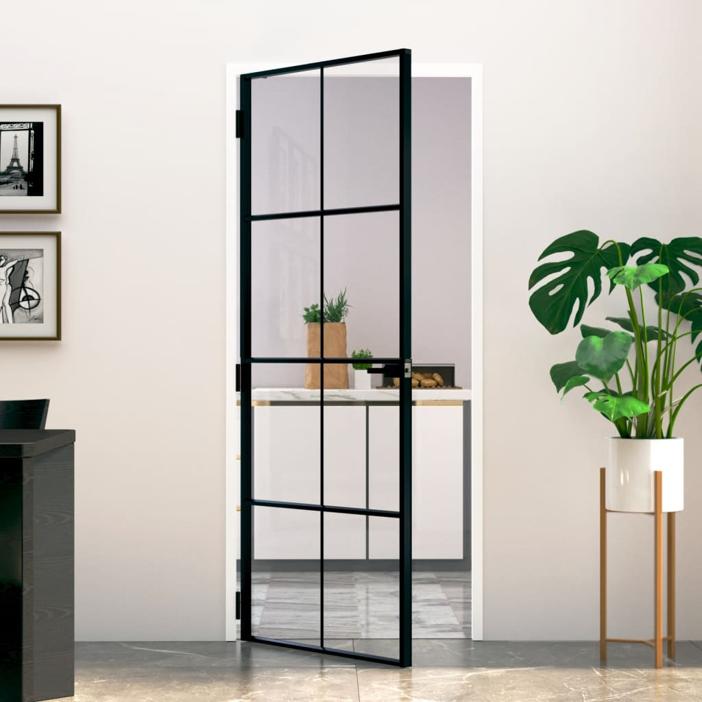 Black 32.7"x79.3" Tempered Glass Aluminum Slim Interior Door Y44668