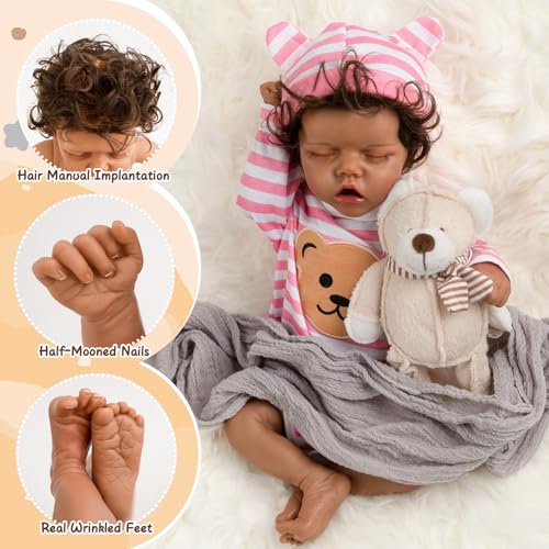 Realistic Reborn Baby Dolls, Silicone Soft Body Black Lifelike Reborn Babies with Feeding Kit & Gift Box D9534