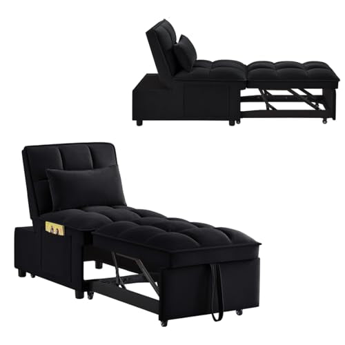 Navy Velvet Convertible Sleeper Sofa Chair with Storage Pockets W99931