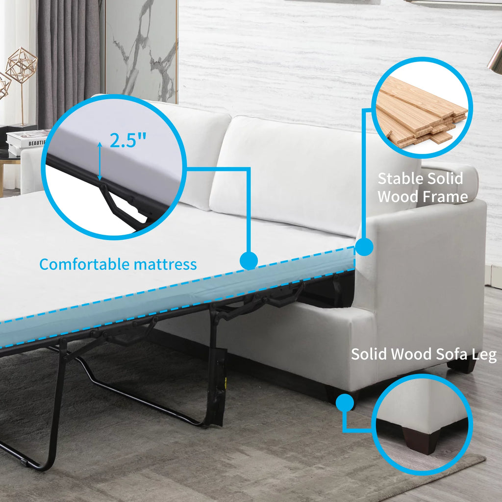 Beige Velvet Queen Size Pull Out Sofa Bed with Foam Mattress N1754