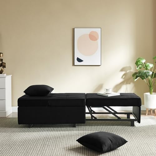 Dark Grey Velvet 4-in-1 Convertible Sofa Bed with 2 Throw Pillow R9695