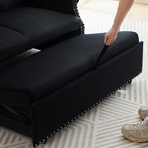 Black Velvet Convertible Sofa Bed with 2 Lumbar Pillows Z29376