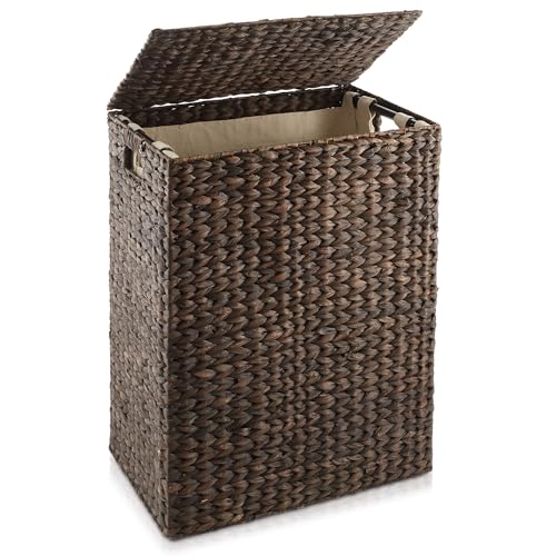 Natural Woven Water Hyacinth Laundry Hamper with Lid and Removable Liner Bag U466975