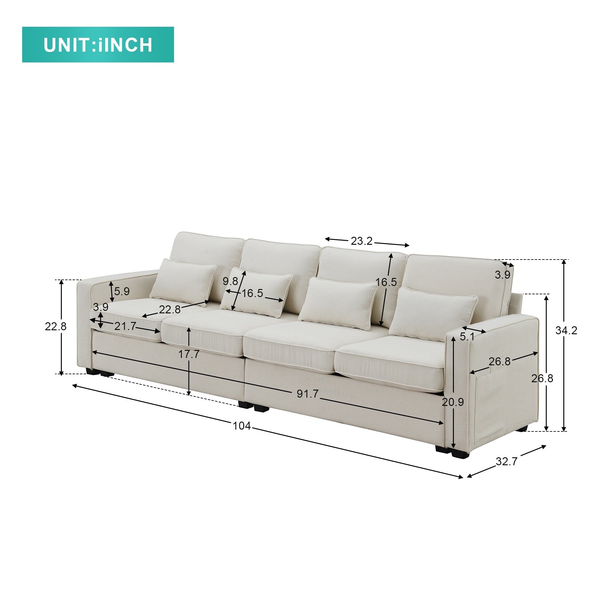 4-Seater Linen Fabric Sofa with 4 Pillows A5819