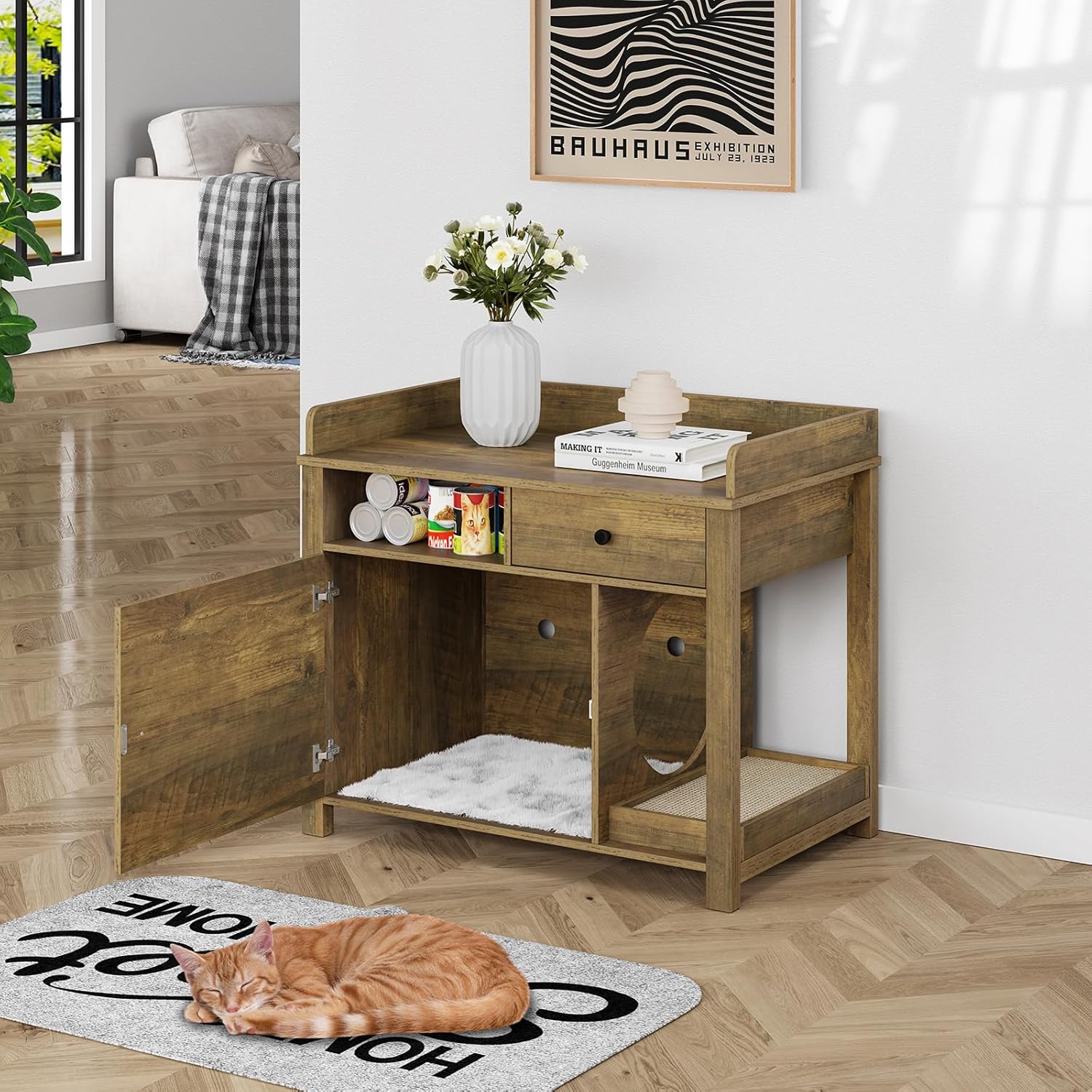 Wooden Cat Litter Box Enclosure with Shelves and Drawer E788