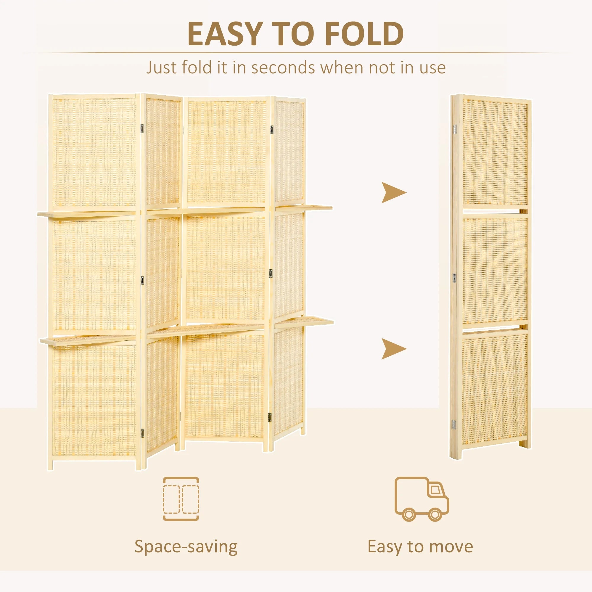 6 Ft Freestanding Bamboo Privacy Screen Panel with Storage Shelves R117