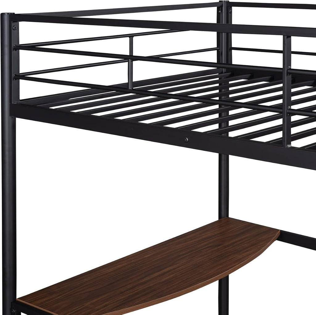 Twin Size Metal Loft Bed with Desk and Storage Shelves (Black) M532