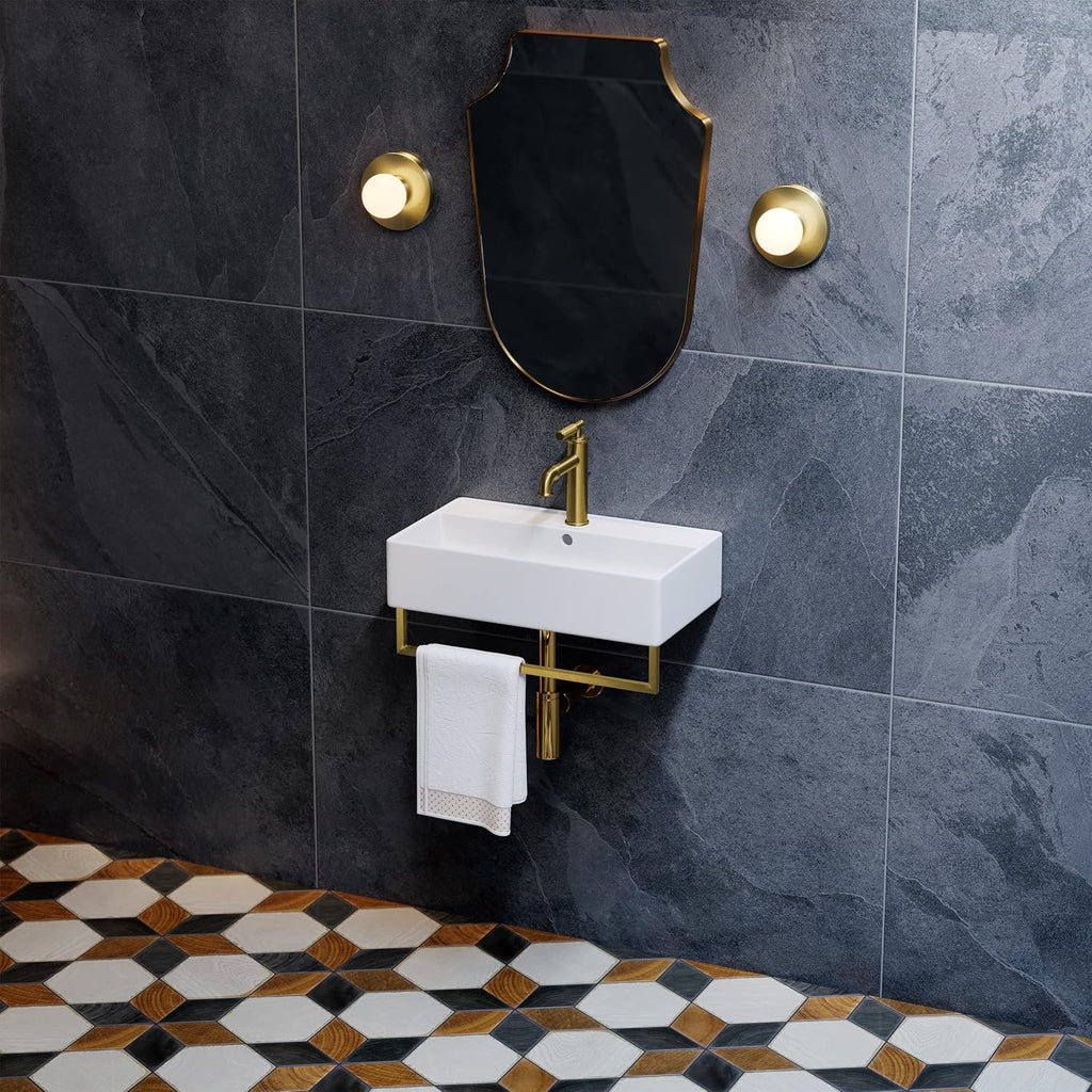 22" Wall-Mount Bathroom Sink with Brushed Gold Towel Bar Z435