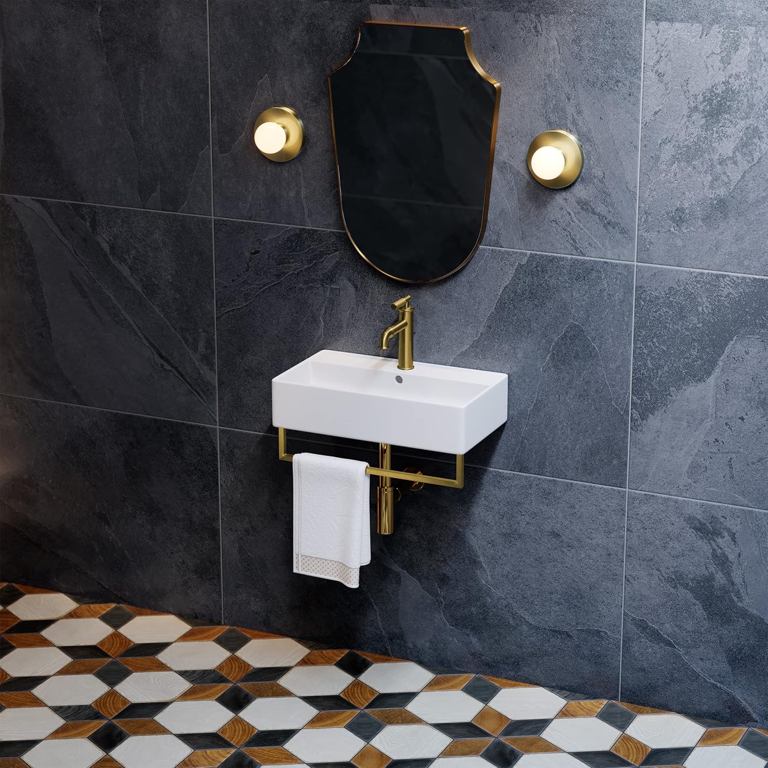 22" Wall-Mount Bathroom Sink with Brushed Gold Towel Bar Z435
