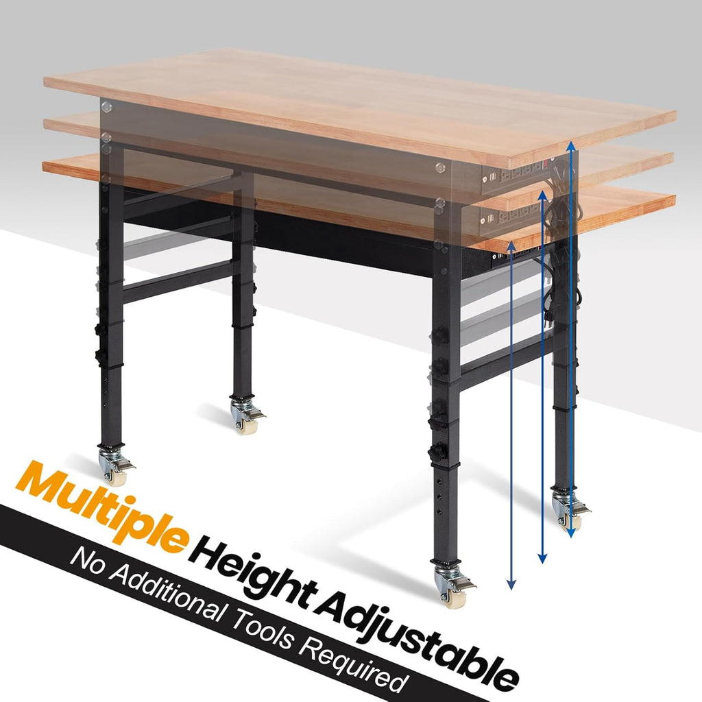 60" Adjustable Work Bench with Rubber Wood Top and Power Outlet K4322