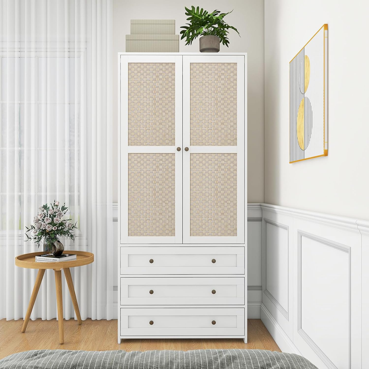 Wooden Armoire Wardrobe with Rattan Door and 3 Drawer P121709