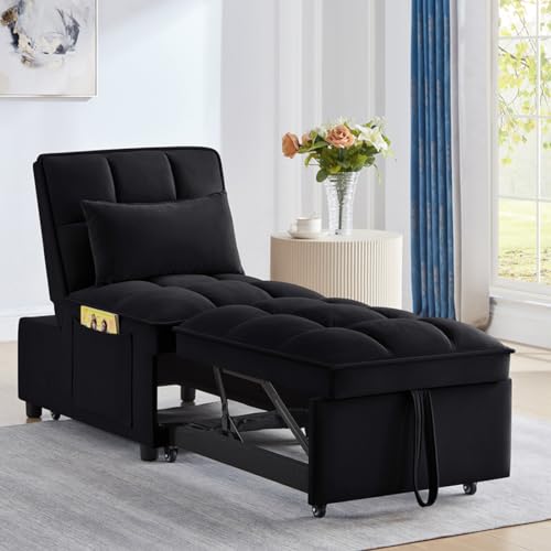 Navy Velvet Convertible Sleeper Sofa Chair with Storage Pockets W99931