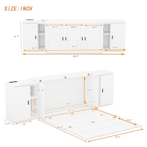 Queen Size Solid Wood Murphy Wall Bed With Storage and Bookcase Headboard (White) F614