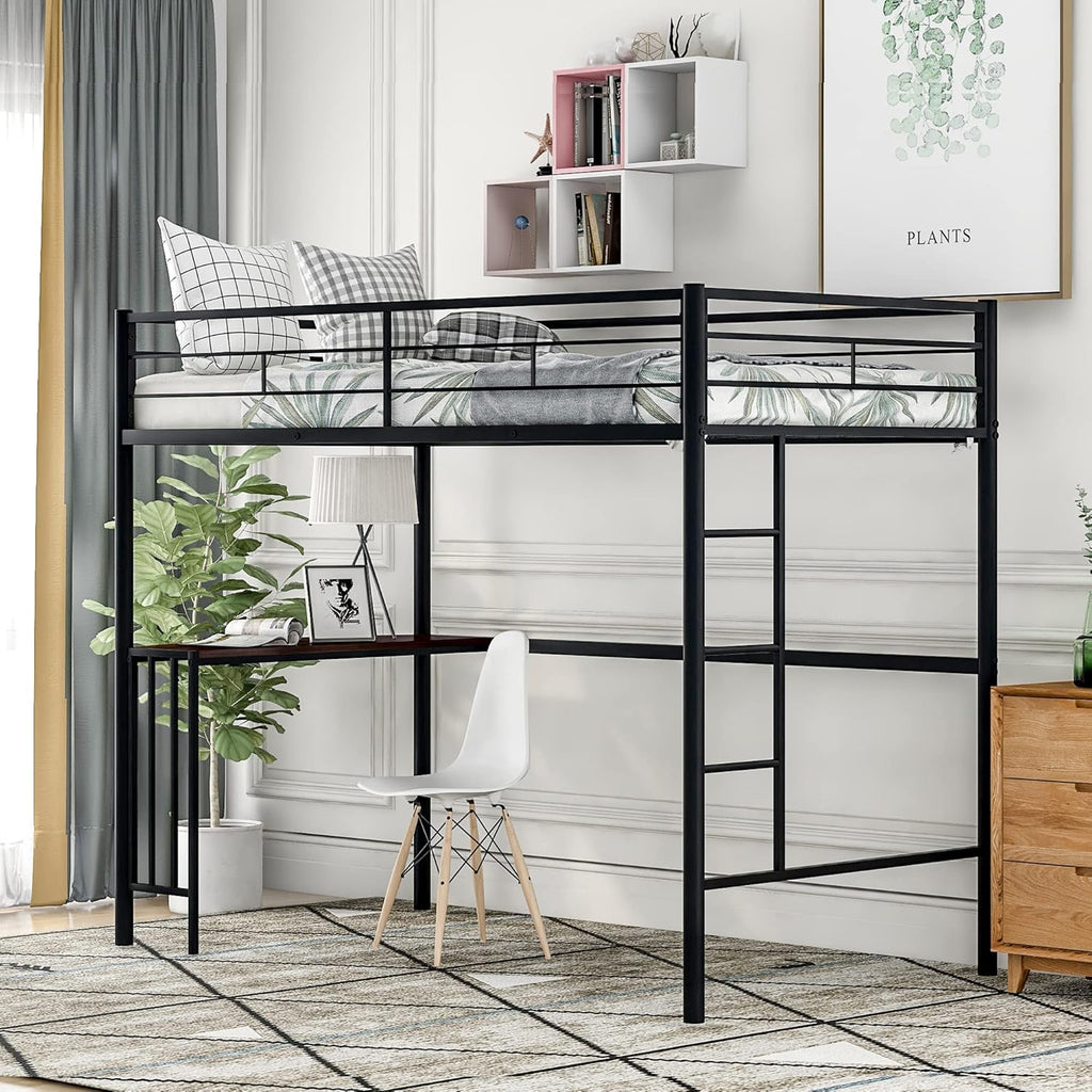 Twin Size Metal Loft Bed with Desk and Storage Shelves (Black) M532