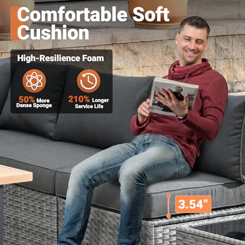 9 Piece Outdoor Wicker Patio Furniture Set with 50" Fire Table, PE Rattan Conversation Set with Swivel Chair K86976