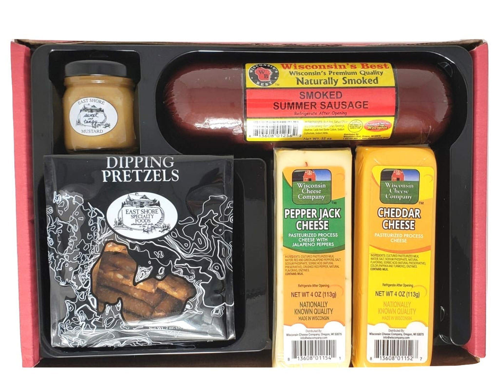 100% Wisconsin Cheddar & Pepper Jack Cheese, Sausage, Pretzel & Mustard Gift Box B374