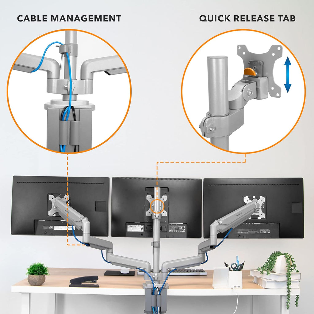 Triple Monitor Desk Mount with USB and Audio Ports, Height Adjustable for 24 27 30 32 Inch VESA Screens K9755