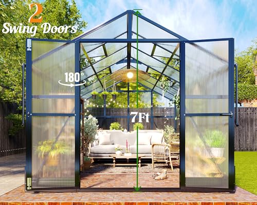 8x12 FT Polycarbonate Greenhouse with 2 Swing Doors Black E1566