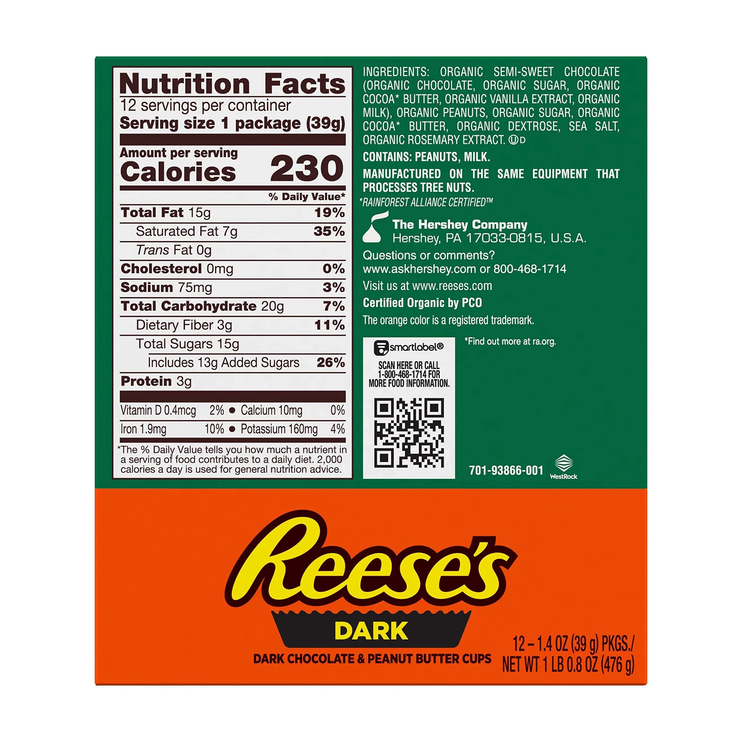 Organic Dark Chocolate Peanut Butter Cups Candy, 1.4 Oz (12 Count) V42880