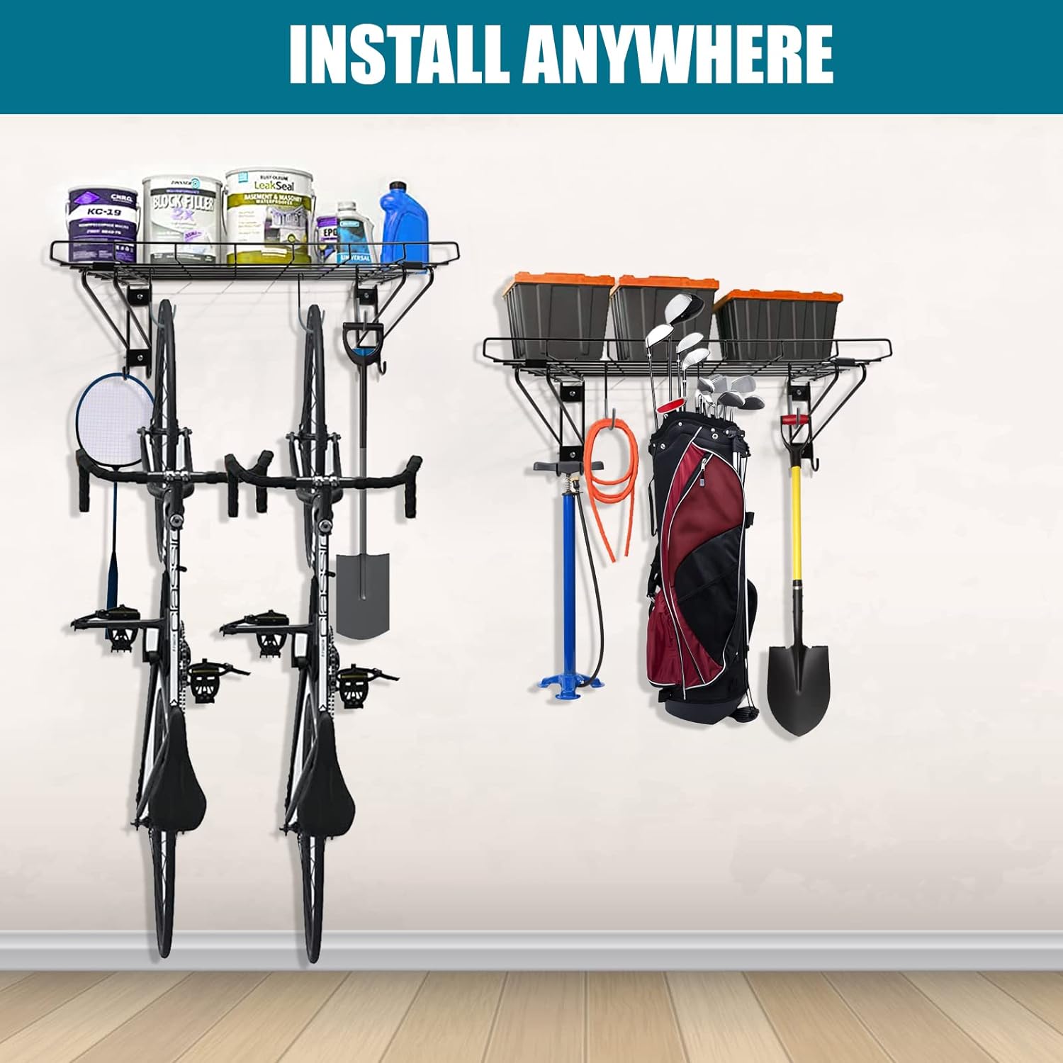 2-Pack Black Garage Wall Shelving with 6 Bike Hooks F53946