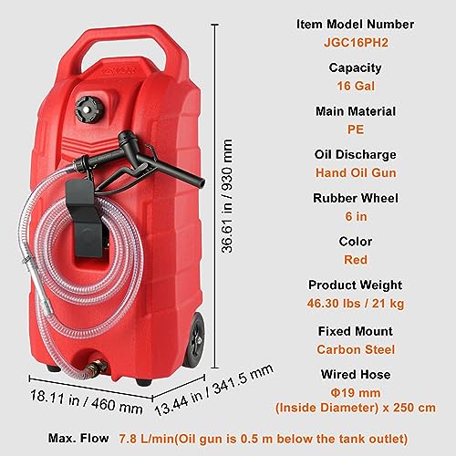 16 Gallon Portable Fuel Storage Tank with Nozzle Rubber Wheels T375