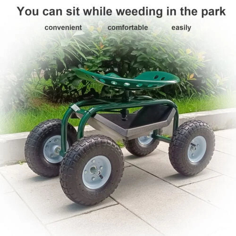 Green Metal Rolling Garden Seat Cart with 4 Wheels N522