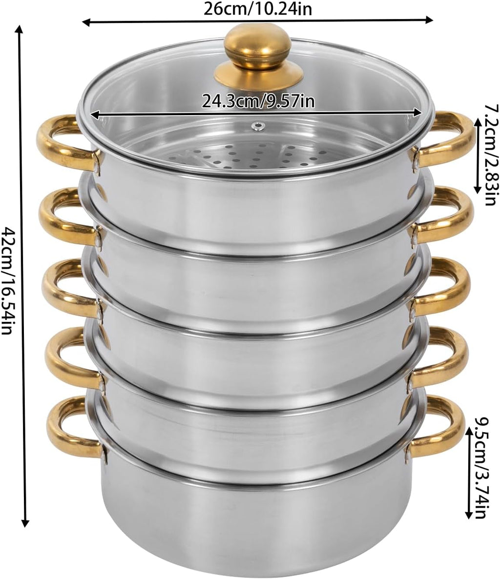 26cm Stainless Steel 5 Tier Steamer Pot with Glass Lid R308727