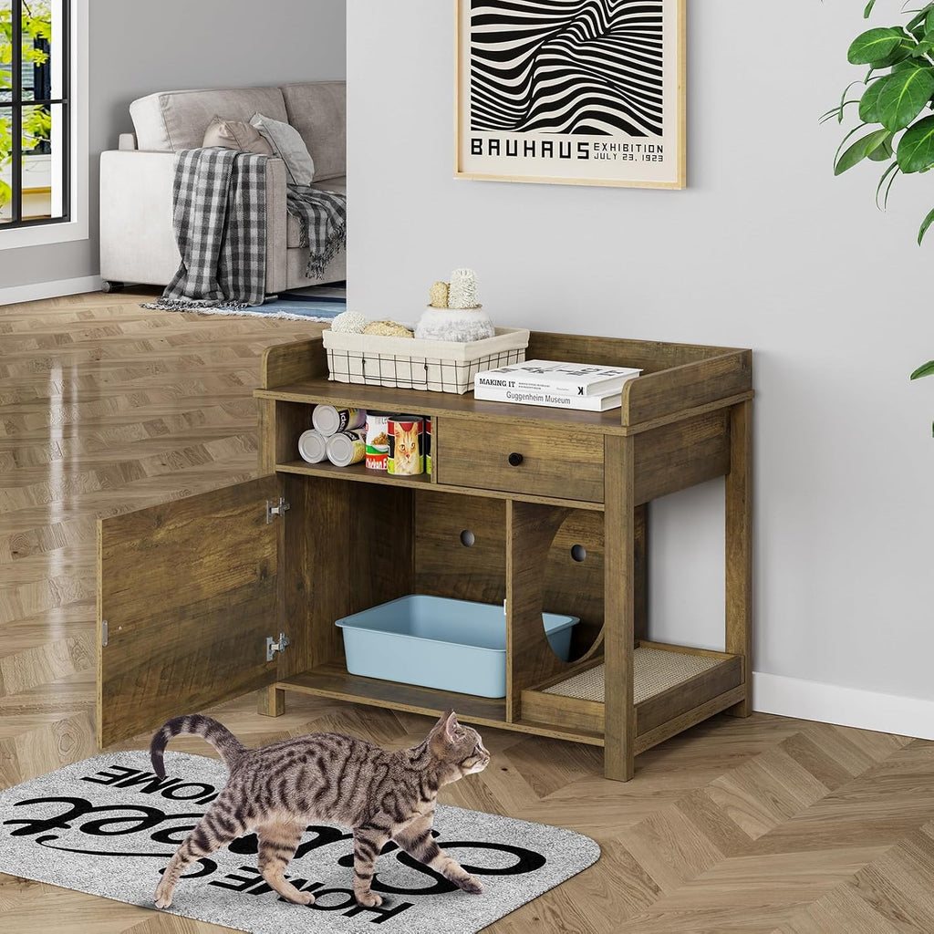 Wooden Cat Litter Box Enclosure with Shelves and Drawer E788