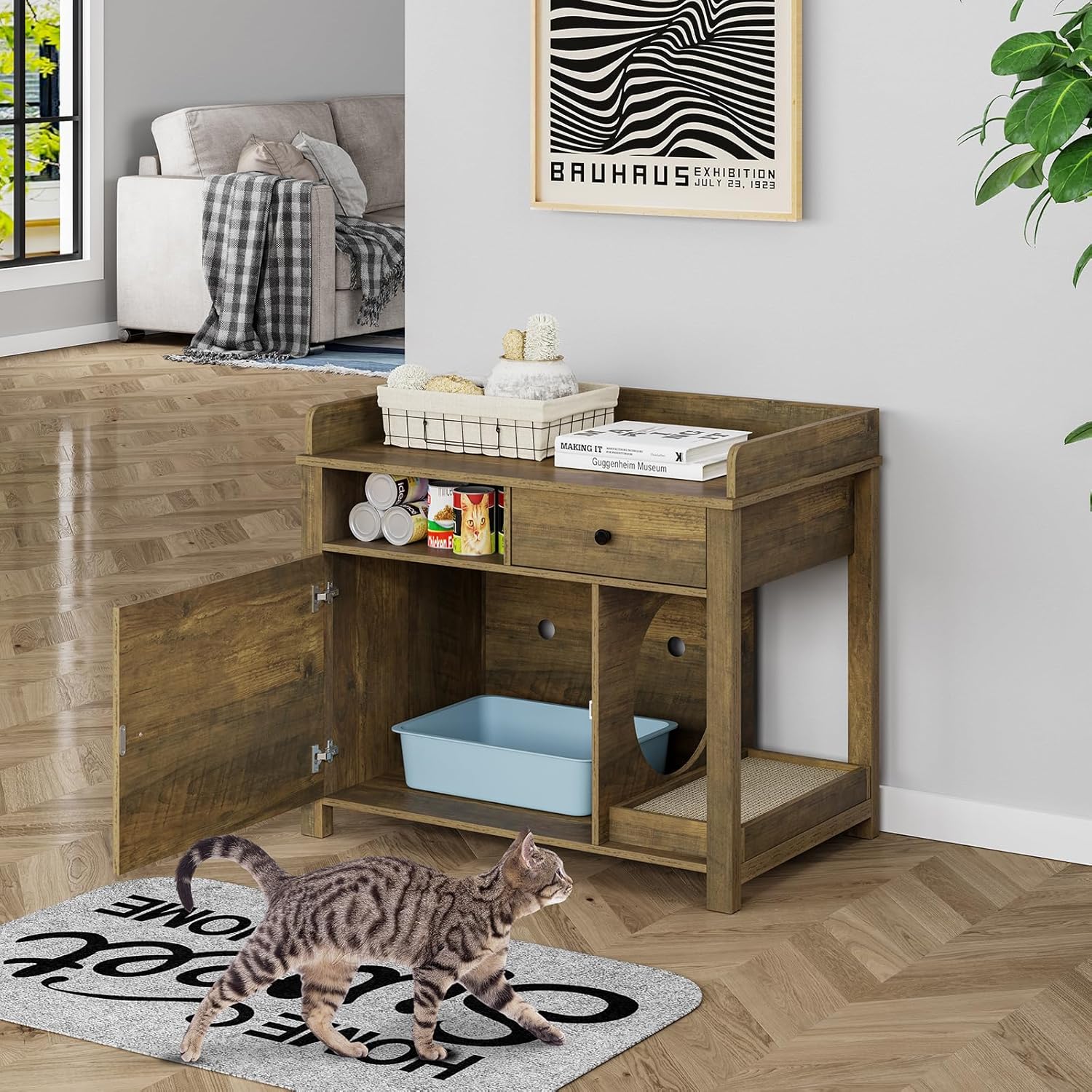 Wooden Cat Litter Box Enclosure with Shelves and Drawer E788