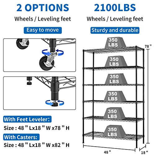 Black 6 Tier Wire Shelving Unit with Wheels, 48"x18"x72" H4146