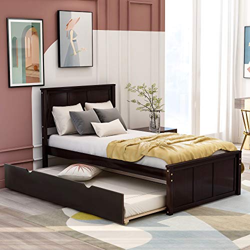 Twin Espresso Wood Low Platform Bed Frame with Headboard and Footboards T481254