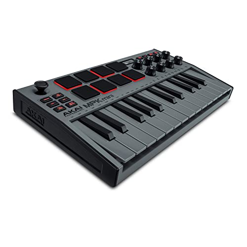 25 Key USB MIDI Keyboard Controller with 8 Backlit Drum Pads, Grey & Adjustable Desktop Microphone Stand, Black Z952911