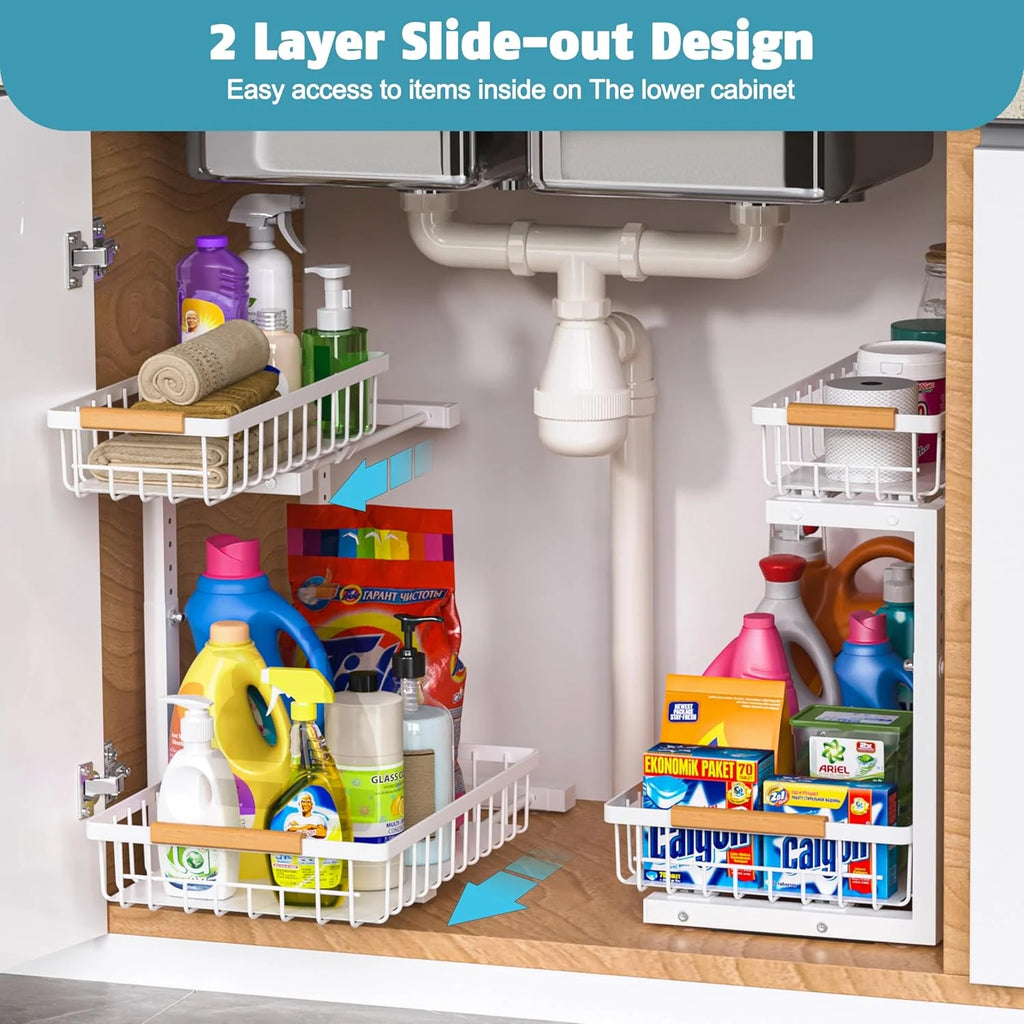 2 Pack Height Adjustable 2 Tier Pull Out Metal Under Sink Organizer X830443
