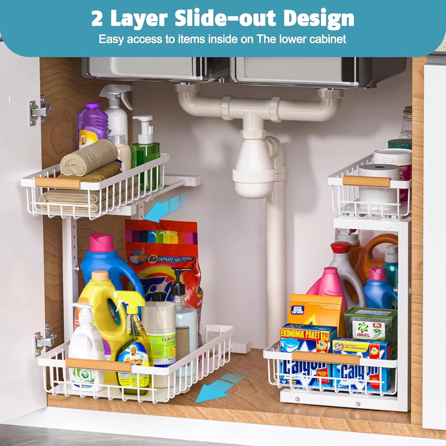 2 Pack Height Adjustable 2 Tier Pull Out Metal Under Sink Organizer X830443