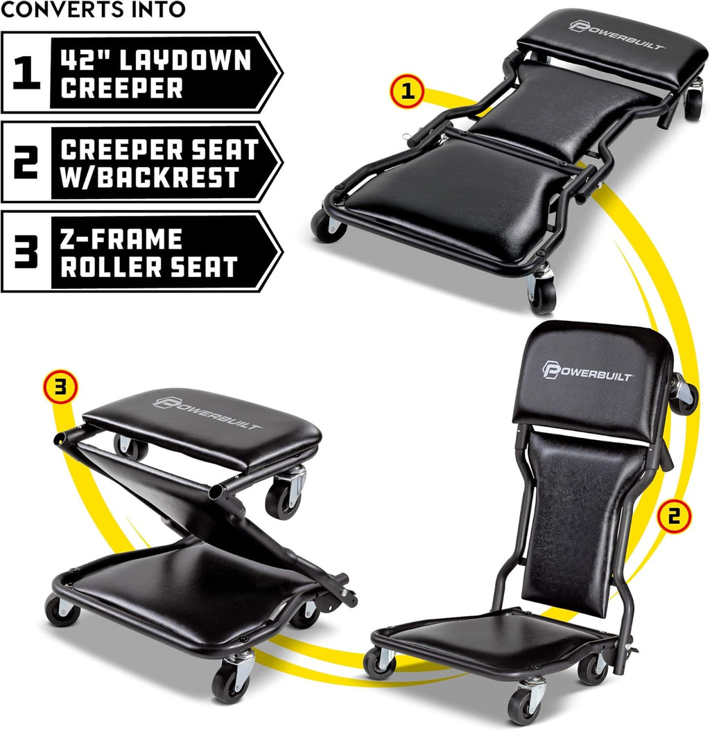 42-Inch Triplex Folding Creeper Rolling Seat Brake Stool Adjustable Roller Garage Chair Black R48980
