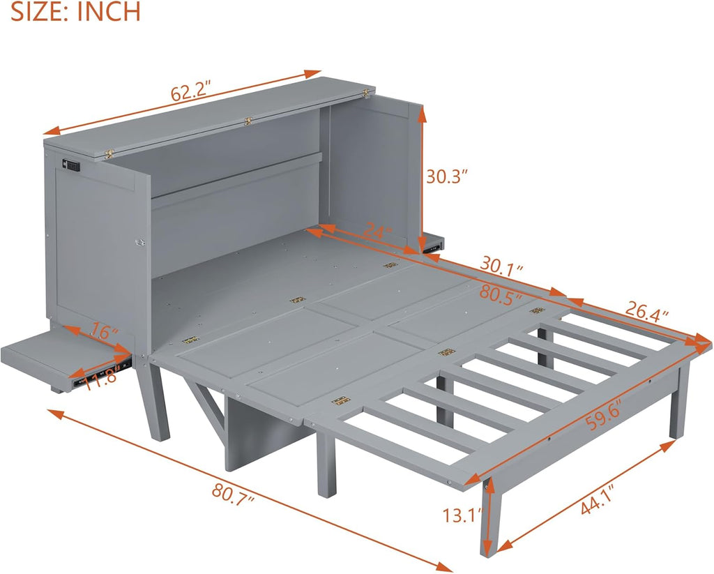 Grey Queen Murphy Bed with Desk Board and Removable Shelves E7492