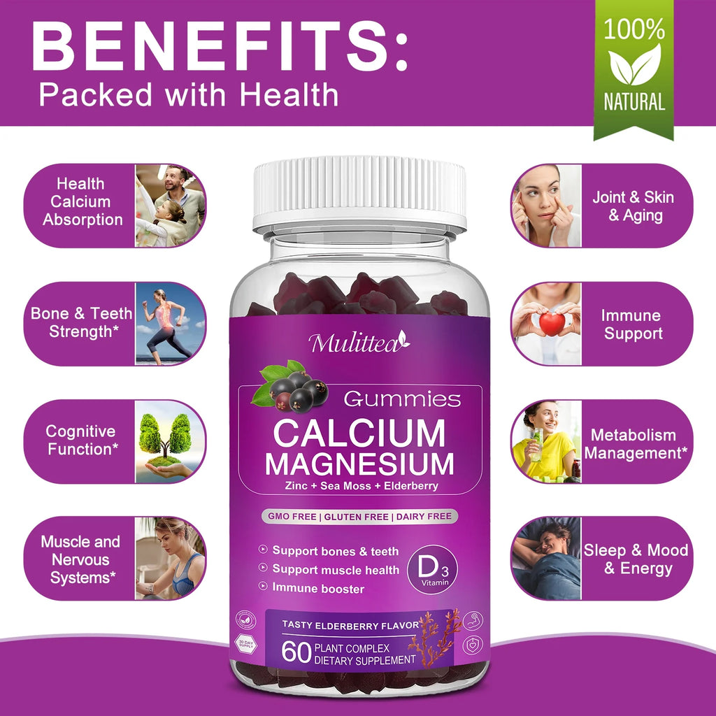 Calcium Magnesium Zinc Gummies with Magnesium Glycinate 200mg, Potassium, D3 & Sea Moss (2 Pack) K146967