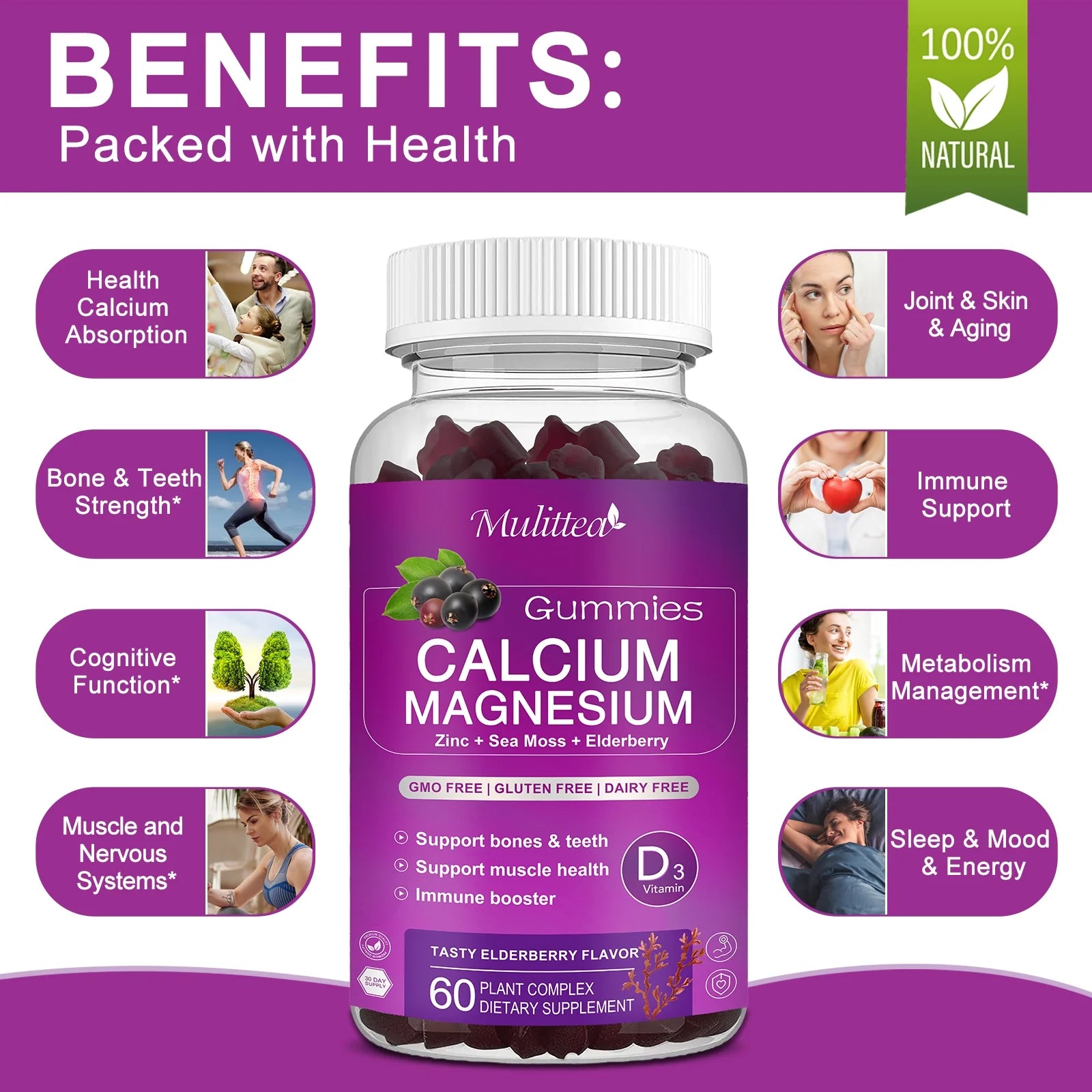 Calcium Magnesium Zinc Gummies with Magnesium Glycinate 200mg, Potassium, D3 & Sea Moss (2 Pack) K146967