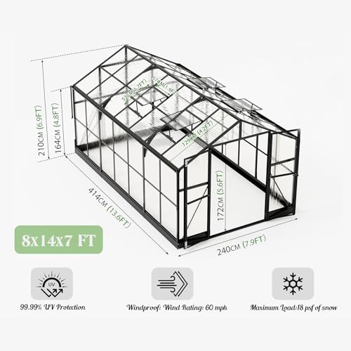8x12 FT Polycarbonate Greenhouse with 2 Swing Doors Black E1566