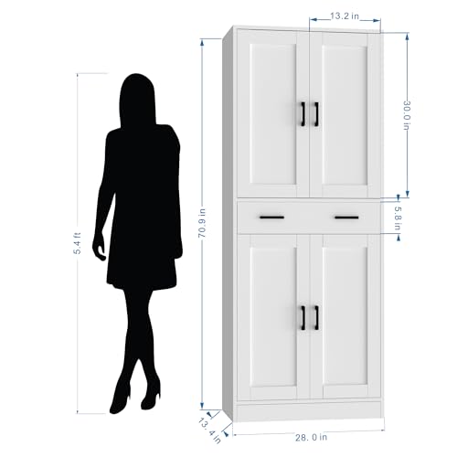 White 71" Tall Wooden Kitchen Storage Cabinet with Doors and Drawer O405